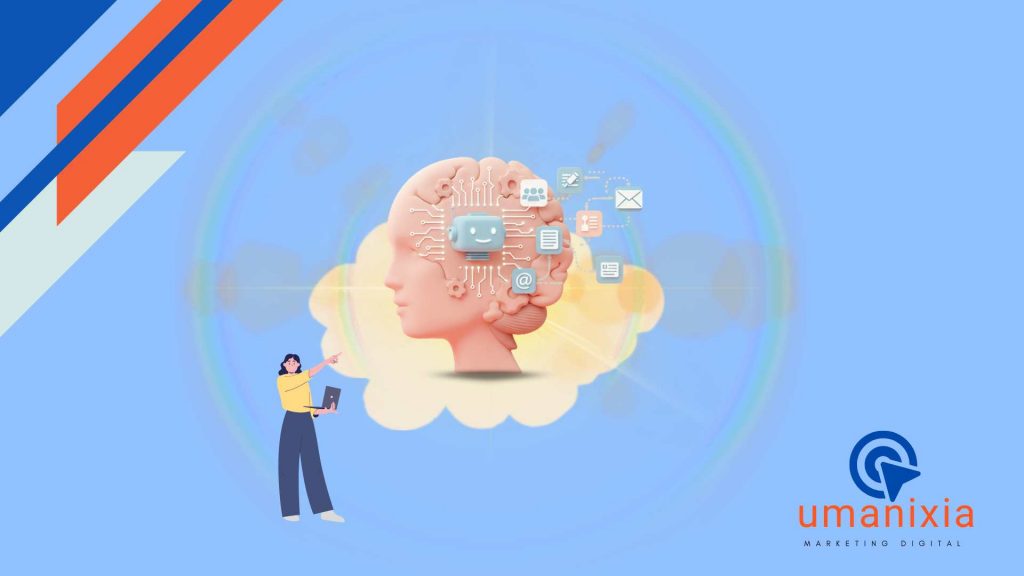 Ilustración de una cabeza humana de perfil que contiene un cerebro rosado con un chip sonriente, conectado por circuitos a iconos de procesos como personas, documentos, emails y calendarios, flotando sobre una nube. Una figura femenina mira la escena desde la izquierda, señalando la nube, con un fondo azul claro y el logo de Umanixia.
