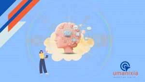 Ilustración de una cabeza humana de perfil que contiene un cerebro rosado con un chip sonriente, conectado por circuitos a iconos de procesos como personas, documentos, emails y calendarios, flotando sobre una nube. Una figura femenina mira la escena desde la izquierda, señalando la nube, con un fondo azul claro y el logo de Umanixia.